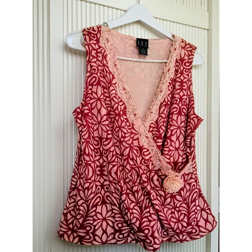 International Concepts Pink Red Lace Trim Sleeveless Tank Top Size Large Boho